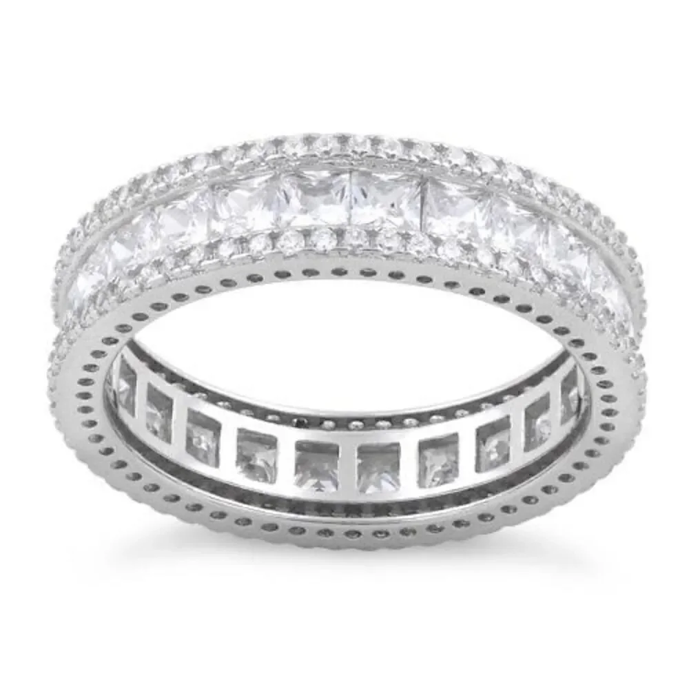 New Sterling Silver Eternity Princess Cut CZ Band Ring